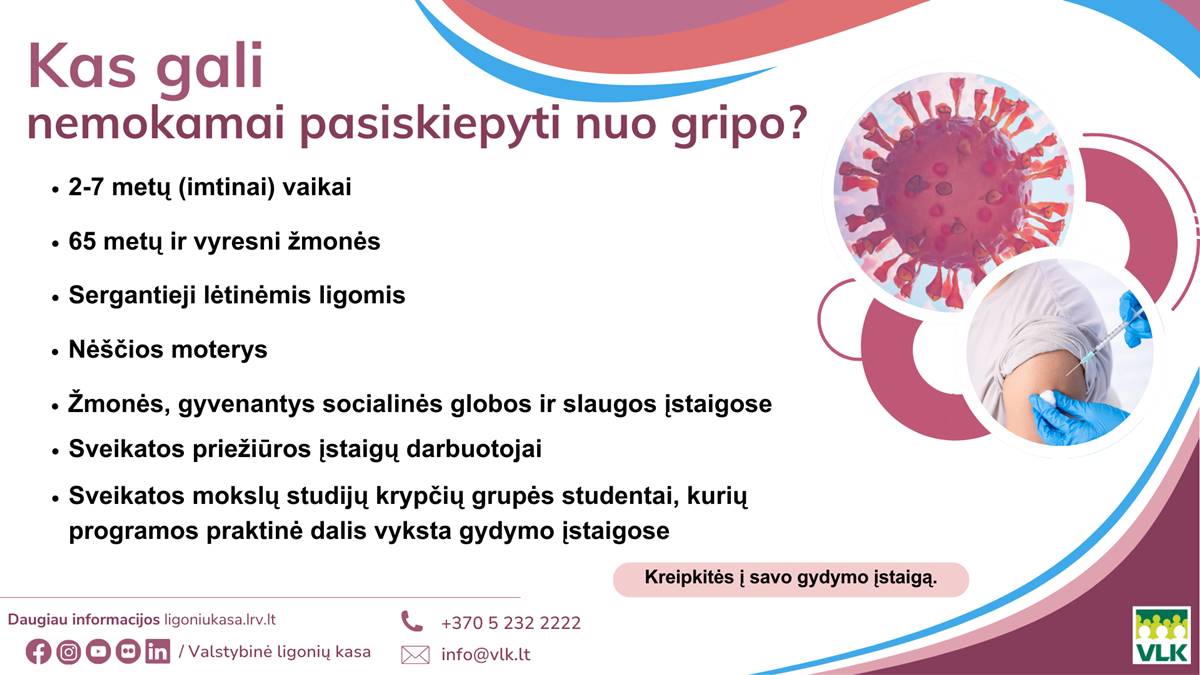 Kas gali nemokamai pasiskiepyti nuo gripo VLK infografikas.